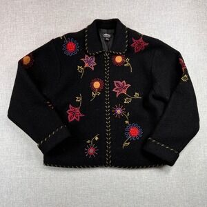 VTG 90s Icelandic Design Embroidered Wool Jacket Women Large Black Floral Boho